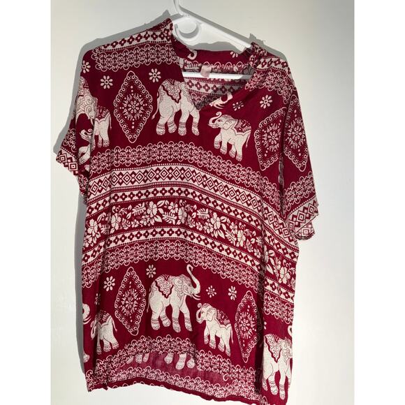 Boho Elephant Print Red & White Short Sleeve Top – Asian-Inspired – Size Small - Picture 3 of 3